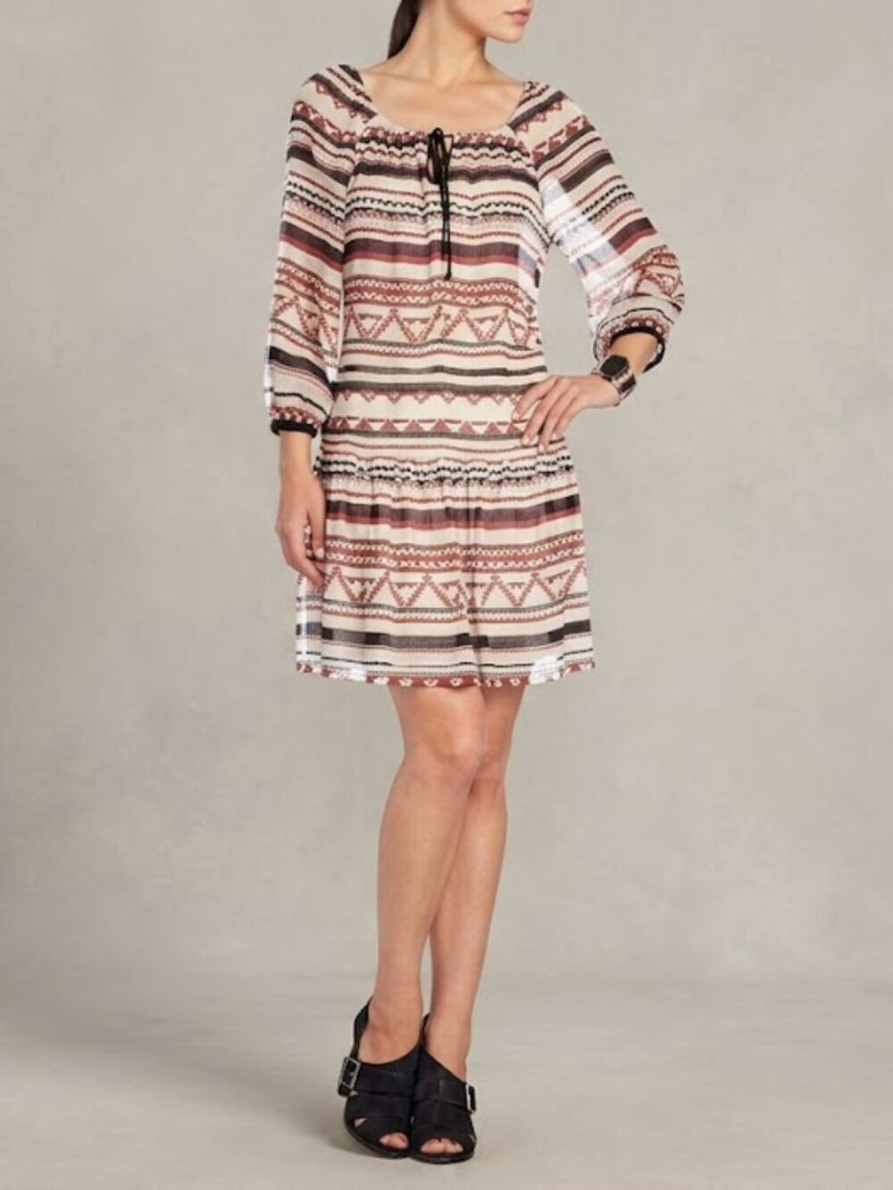 BCBGMaxAzria Rory Peasant Silk Dress Striped Long Sleeve Chiffon Size M